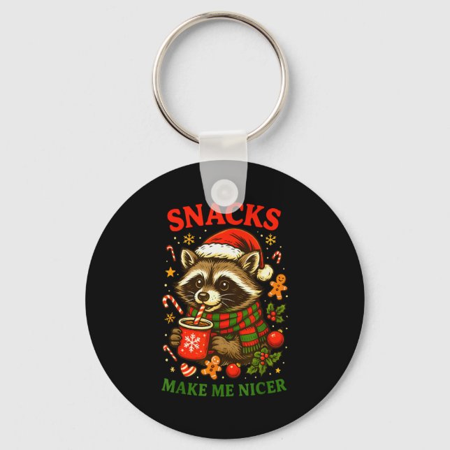 Christmas Funny Cute Feral Raccoon Snacks Make Me  Keychain (Front)