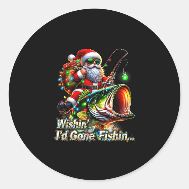 Christmas Funny Fish Santa Fishing Merry Fishmas  Classic Round Sticker (Front)