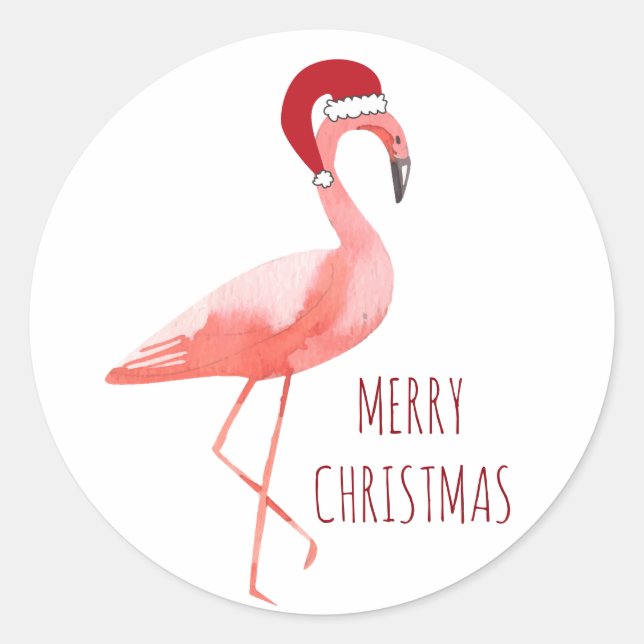 Christmas funny flamingo Santa hat wishes Classic Round Sticker (Front)