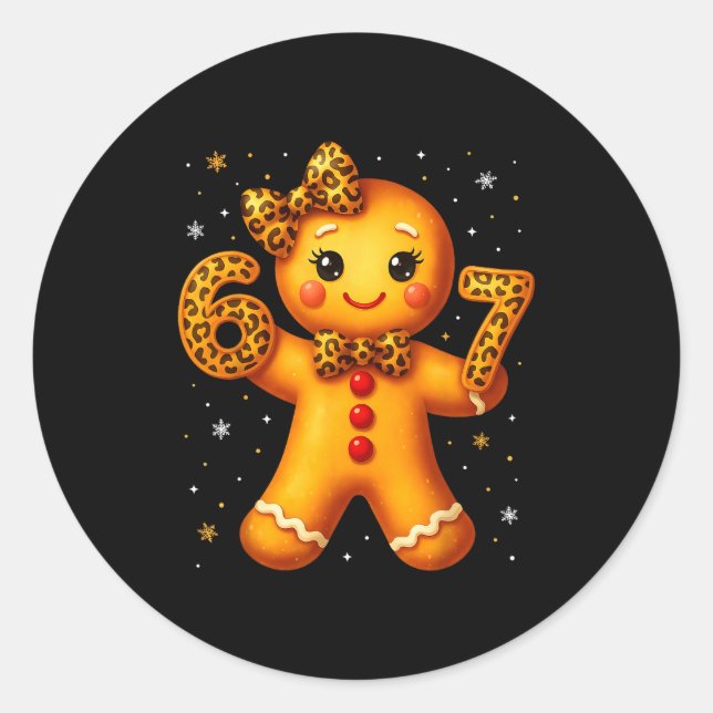 Christmas Funny Gingerbread Six Seven 67 Leopard B Classic Round Sticker (Front)