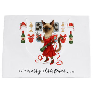 Christmas Funny Glam Siamese Cat Holiday  Large Gift Bag