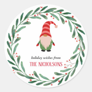 Christmas Funny Gnome Holiday Holly Wreath  Classic Round Sticker