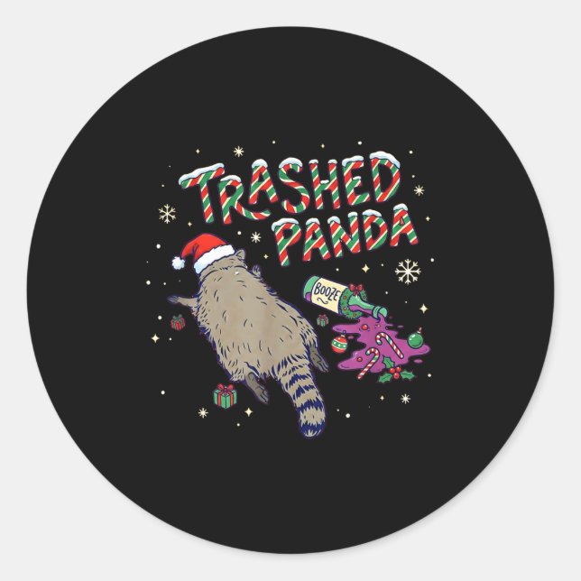 Christmas Funny Trashed Panda Racoon Gets Drunk Xm Classic Round Sticker (Front)