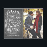 Christmas Future Mr. and Mrs. Photo Save The Date Announcement Postcard<br><div class="desc">This modern and chic postcard doubles as a Christmas card and Save the Date Announcement. It features hand lettered calligraphy artwork that says "Merry Christmas from the future Mr. and Mrs" all on a trendy chalkboard background. Additional colours and design alterations available upon request.</div>