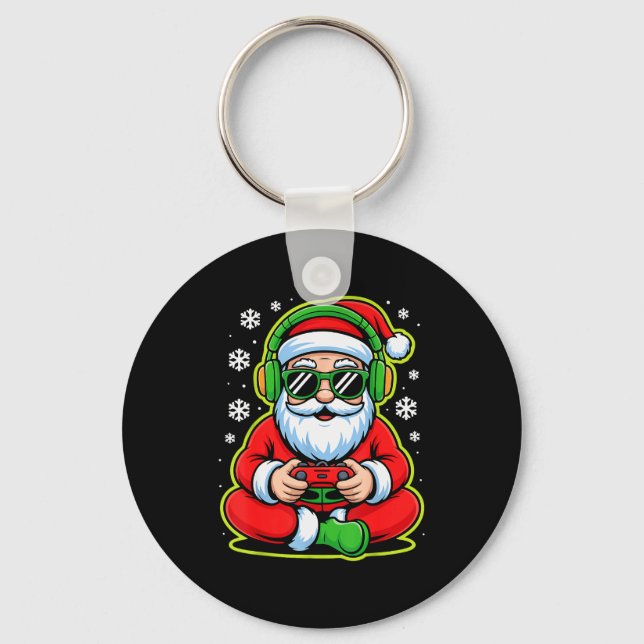 Christmas Gamer Boys Kids Santa Play Video Game  Keychain (Front)
