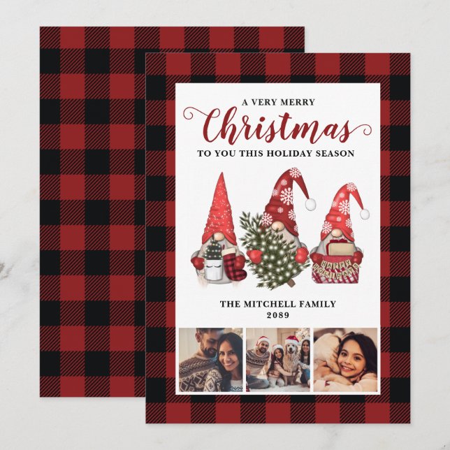 Christmas Garden Gnome Buffalo Plaid Rustic Pine Holiday Card (Front/Back)
