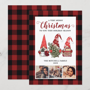 Christmas Garden Gnome Buffalo Plaid Rustic Pine Holiday Card