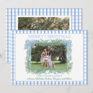 Christmas Garland Blue Bow Ribbon Gingham Holiday Card