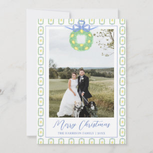 Christmas Garland Lemon Blue Bow Photo Holiday Card