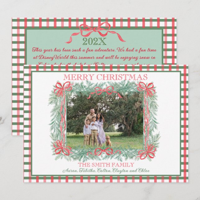 Christmas Garland Red Ribbon Green Gingham Holiday Card (Front/Back)