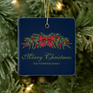 Christmas Garland With A Red Bow And Baubles Ceramic Ornament