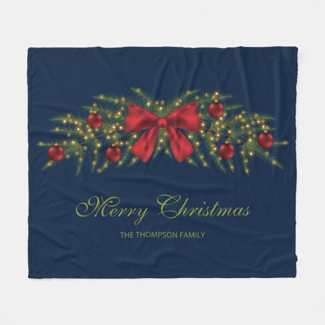 Christmas Garland With A Red Bow And Baubles Fleece Blanket (Front (Horizontal))