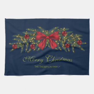 Christmas Garland With A Red Bow And Baubles Kitchen Towel