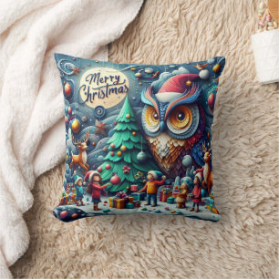 Christmas gathering under a whimsical owl throw pillow