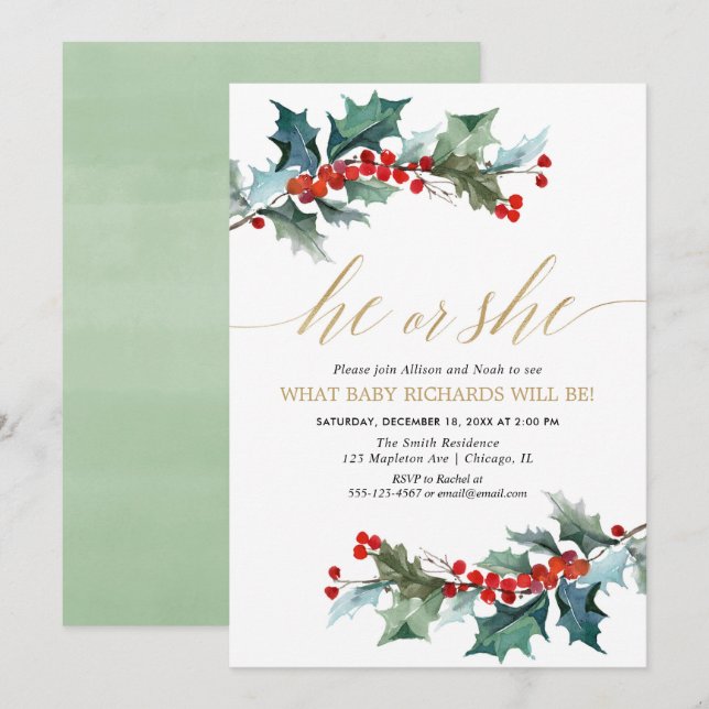 Christmas Gender reveal red greenery gold floral Invitation (Front/Back)