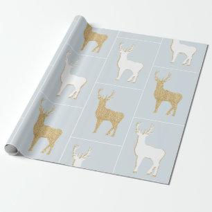 Christmas Geometric White, Blue & Gold Reindeer Wrapping Paper