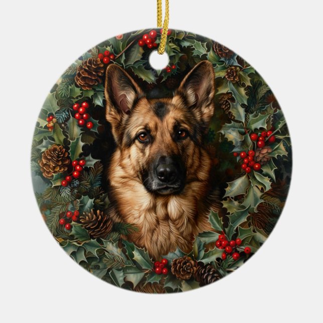 Christmas German Shepherd Dog Ceramic Ornament (Front)