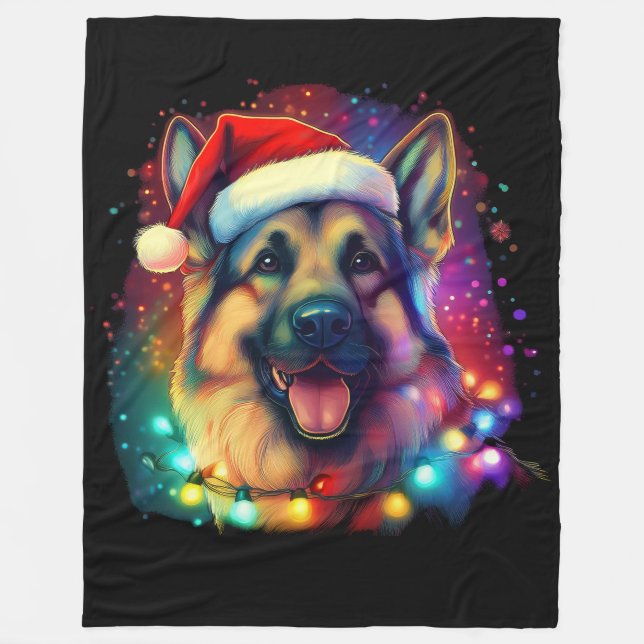 Christmas German Shepherd Dog with Santa Hat   Fleece Blanket (Front)