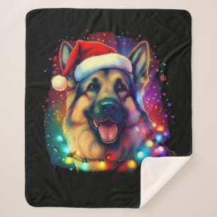 Christmas German Shepherd Dog with Santa Hat Sherpa Blanket