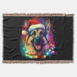 Christmas German Shepherd Dog with Santa Hat   Throw Blanket