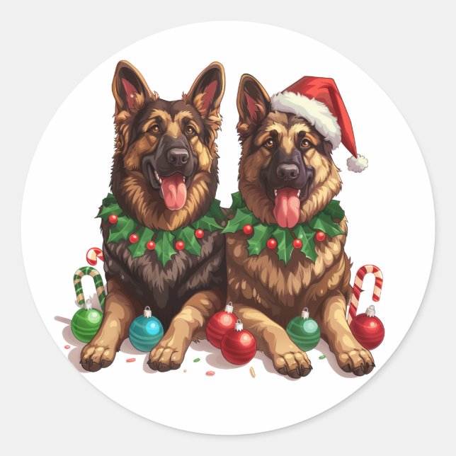 Christmas German Shepherd Dogs Classic Round Sticker (Front)