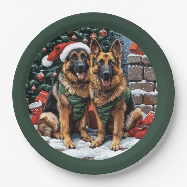 Christmas German Shepherd Dogs Paper Plate (Front)