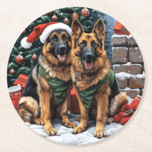 Christmas German Shepherd Dogs Round Paper Coaster