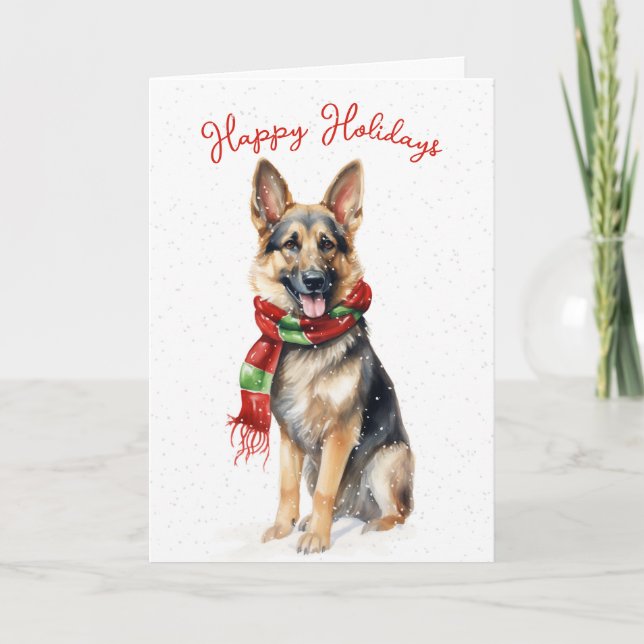 Christmas German Shepherd In Snowflakes Holiday Card (Front)