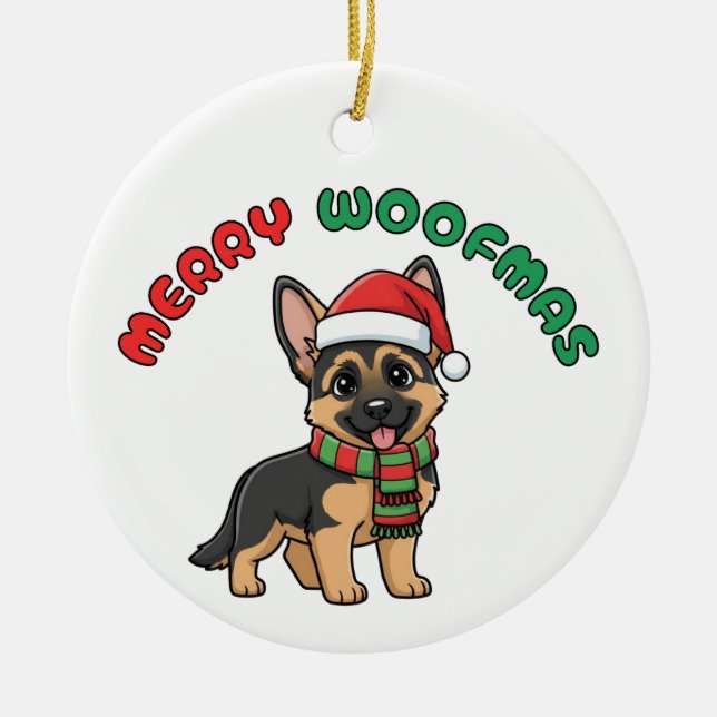 Christmas German Shepherd Ornament: Merry Woofmas Ceramic Ornament (Front)
