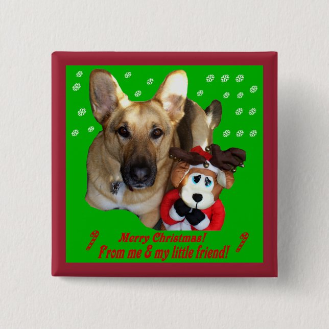 Christmas German Shepherd & Toy Reindeer 2 Inch Square Button (Front)