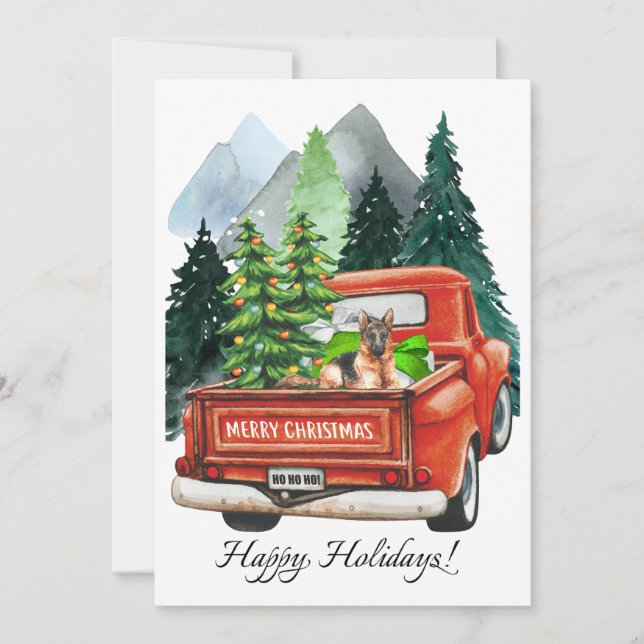 Christmas German Shepherd & Vintage Truck Art Holiday Card (Front)