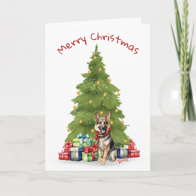 Christmas German Shepherd With Gifts Holiday Card (Front)