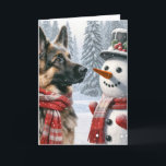 Christmas German Shepherd With Snowman Card<br><div class="desc">A German Shepherd wearing a red and white scarf stands beside a snowman and a top hat amidst a snowy landscape
Text can be changed.</div>