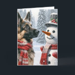 Christmas German Shepherd With Snowman Card<br><div class="desc">A German Shepherd wearing a red and white scarf stands beside a snowman and a top hat amidst a snowy landscape
Text can be changed.</div>