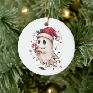 Christmas Ghost Santa Hat Candy Cane Xmas Lights Ceramic Ornament