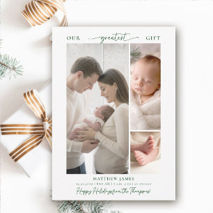 Christmas Gift Above Simple Elegant Baby 3 Photo Holiday Card