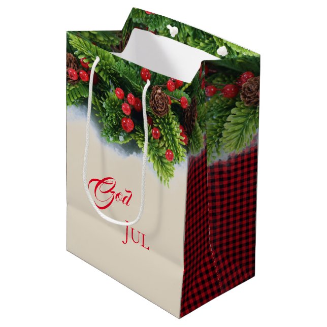 Christmas Gift Bag-Evergreen God Jul Medium Gift Bag (Front Angled)