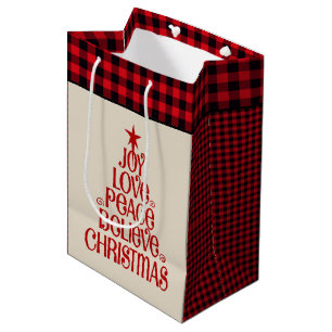 Christmas Gift Bag-Joy Love Peace Believe Plaid Medium Gift Bag