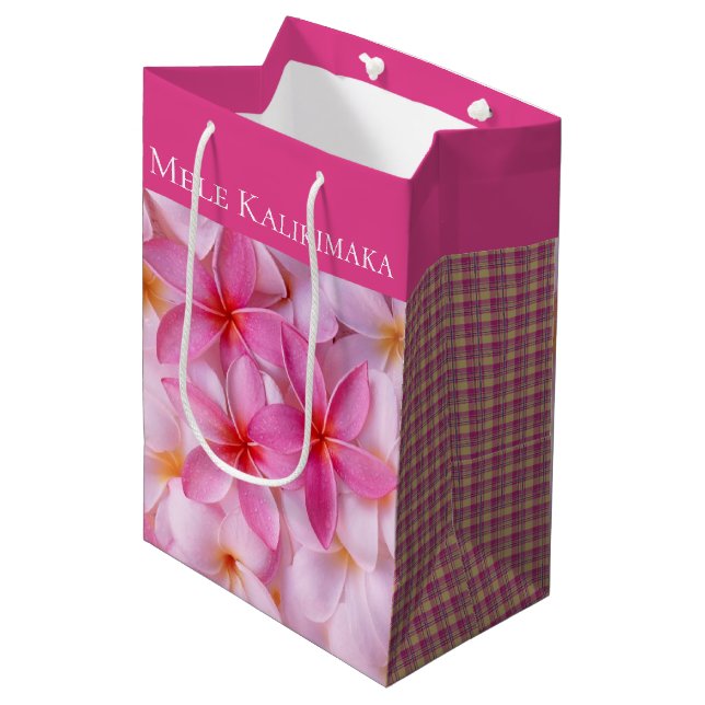 Christmas Gift Bag-Mele Kalikimaka Plumeria Plaid Medium Gift Bag (Front Angled)