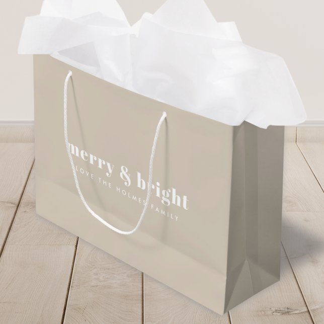 Christmas Gift Bag | Merry & Bright Neutral (Modern minimalist Christmas bag with clean typography for stylish and festive gifting)