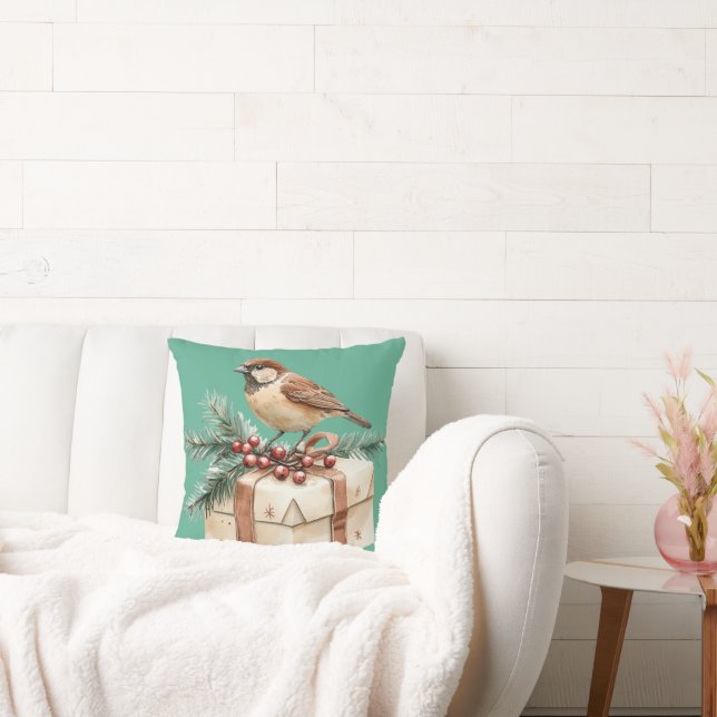 Christmas Gift Bird  Throw Pillow (Couch)