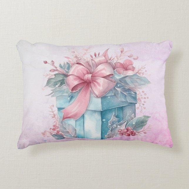 Christmas Gift Box In Pale Blue and Pink Ribbon Accent Pillow (Front)