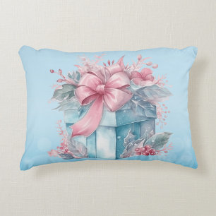 Christmas Gift Box In Pale Blue and Pink Ribbon Accent Pillow