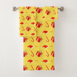 Christmas gift box Santa hat candy cane Bath Towel Set