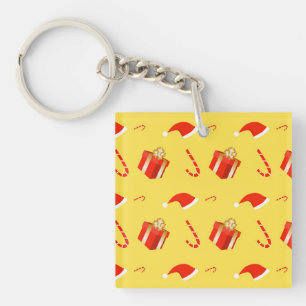 Christmas gift box Santa hat candy cane Keychain