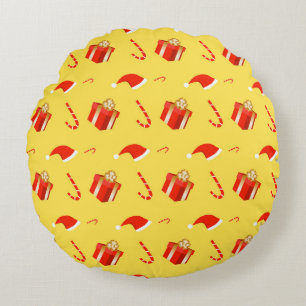 Christmas gift box Santa hat candy cane Round Pillow
