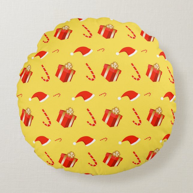 Christmas gift box Santa hat candy cane Round Pillow (Front)