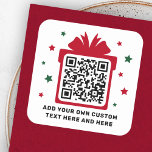 Christmas gift box with stars QR code red white Square Sticker<br><div class="desc">Business QR code stickers featuring your QR code on a red (or custom colour) gift box silhouette surrounded by red ( or custom colour) stars. Text,  font and colours are customizable. Perfect for directing your customer to a gift or freebie.</div>
