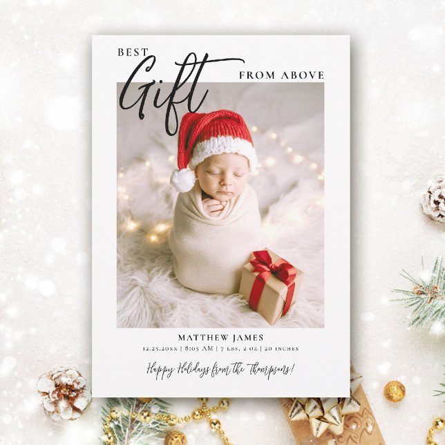 Christmas Gift Calligraphy Modern Cute Baby Photo Holiday Card (best gift from above baby christmas card minimalist simple photo calligraphy elegant cute)
