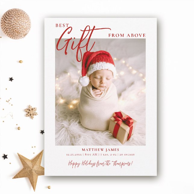 Christmas Gift Calligraphy Modern Red Baby Photo Announcement (christmas baby announcement winter red minimalist simple photo calligraphy elegant cute photo)